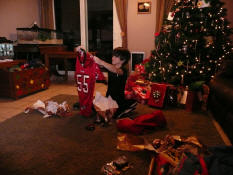 Patrick's team is the Bucs, and he got a Bucs jersey.  