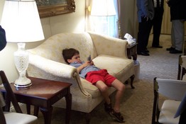 Patch entertained himself on Mark's Palm at the funeral home