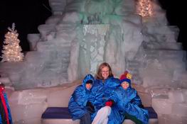 Taking a QUICK break on an ice bench.  Brrrrrrrr!