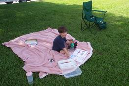 Patch and I did activity books in the shade