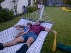 Patch and Mark relaxing at the birthday party