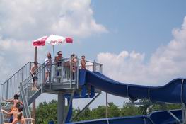 Alex at the top of the big water slide . . .