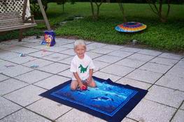 Chase decided to take his new bankie that Nana made him outside for a picnic